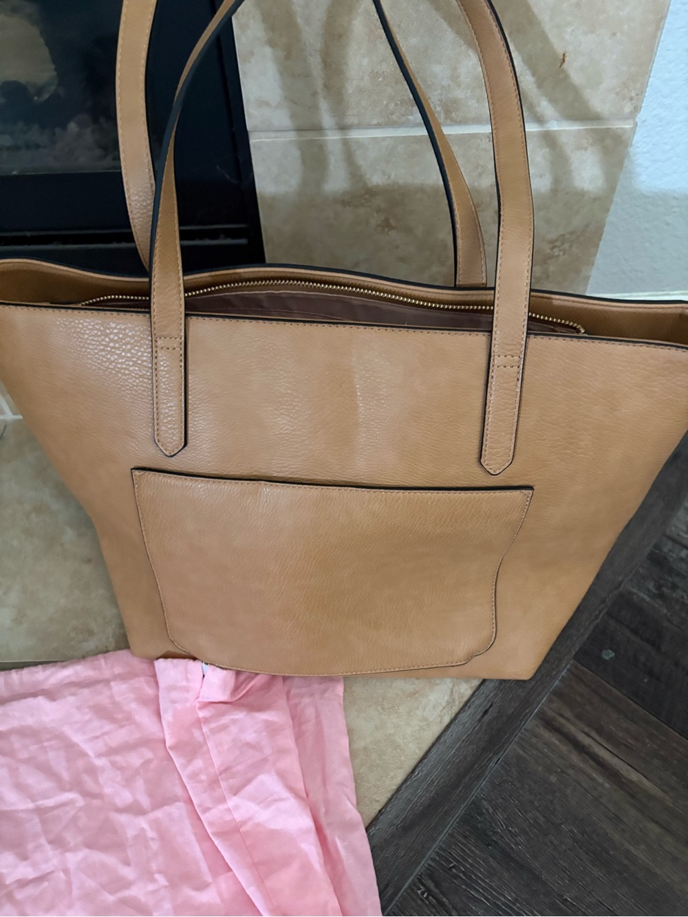Poppy & Peonies Caramel Tan Leather Tote with Shoulder Strap - Picture 3 of 4